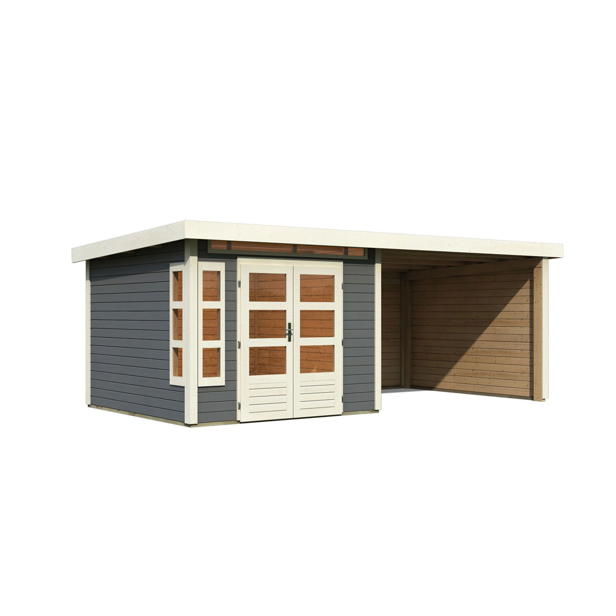 Karibu  Blockbohlenhaus Kastorf 6 terragrau mit Anbaudach und Seiten | 118123 – Bild 4