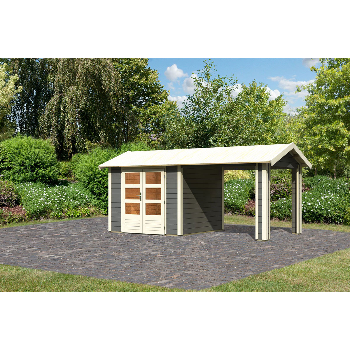 Karibu  Blockbohlenhaus Theres 3 terragrau mit Dachausbauelement | 118133