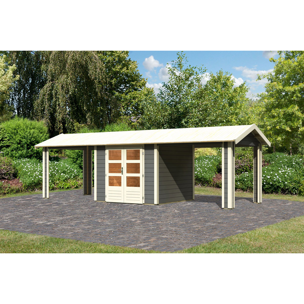 Karibu  Blockbohlenhaus Theres 3 terragrau mit 2 Dachausbauelementen | 118139