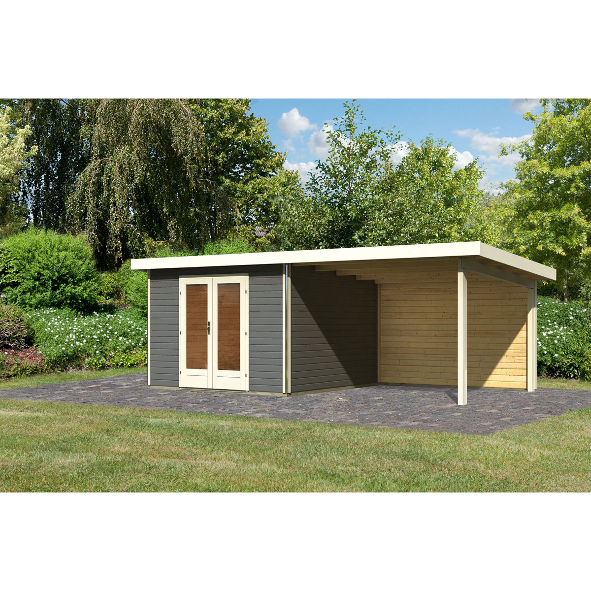 Karibu  Blockbohlenhaus Radeburg 1 terragrau mit Anbaudach und Rückwand | 118202