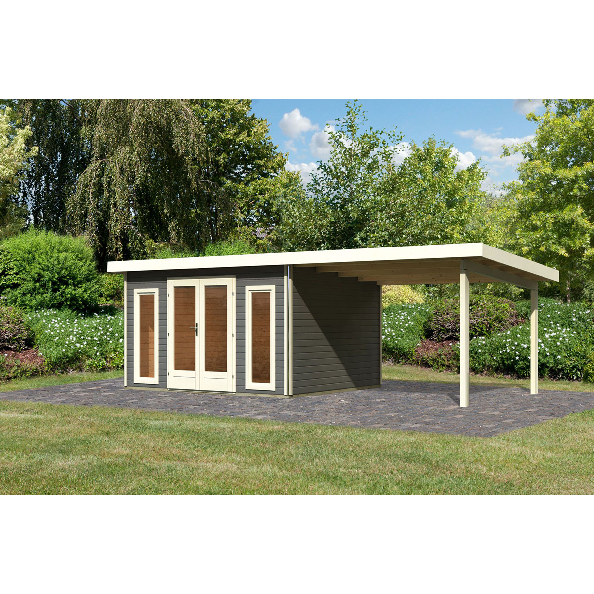 Karibu  Blockbohlenhaus Radeburg 2 terragrau mit Anbaudach | 118209