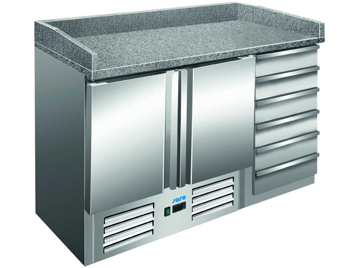 Pizzatisch mit Schubladen PZ 9001, Edelstahl mit Granitarbeitsplatte, BTH 1420 x 700 x 1020 mm