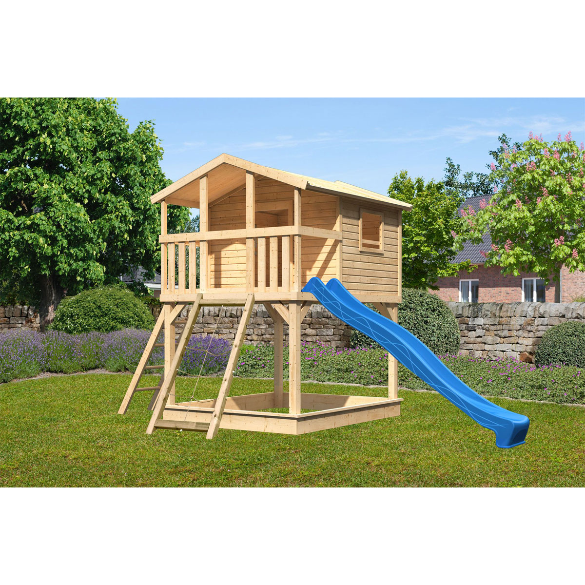 Karibu  Stelzenhaus Benjamin natur inkl Rutsche blau und Netzrampe | 230503