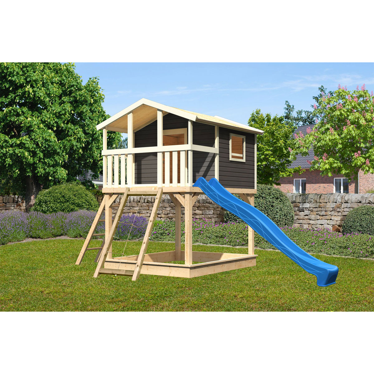 Karibu  Stelzenhaus Benjamin natur inkl Rutsche blau und Netzrampe | 230509