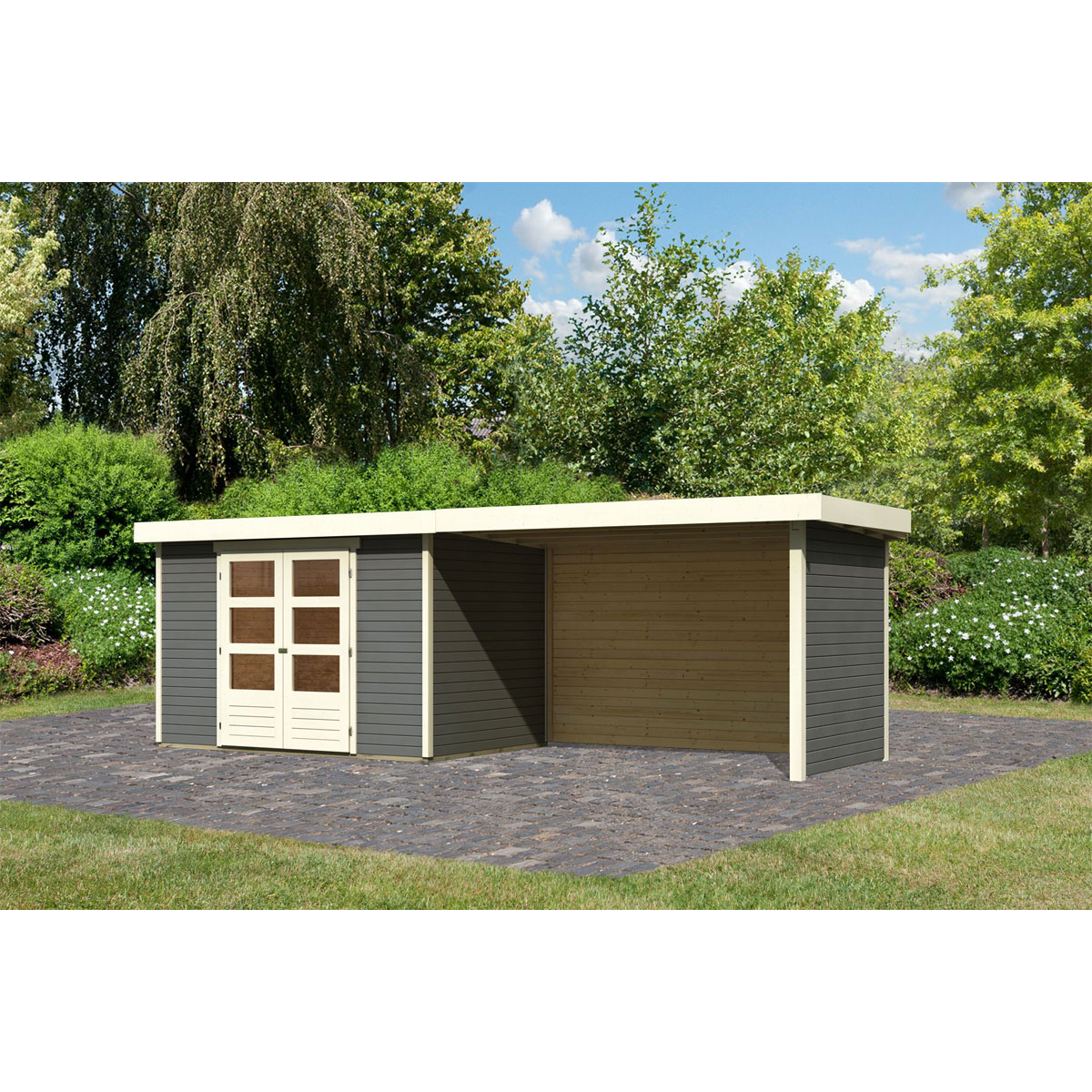 Karibu  Gartenhaus Askola 4 terragrau mit Anbaudach und Seiten | 230545