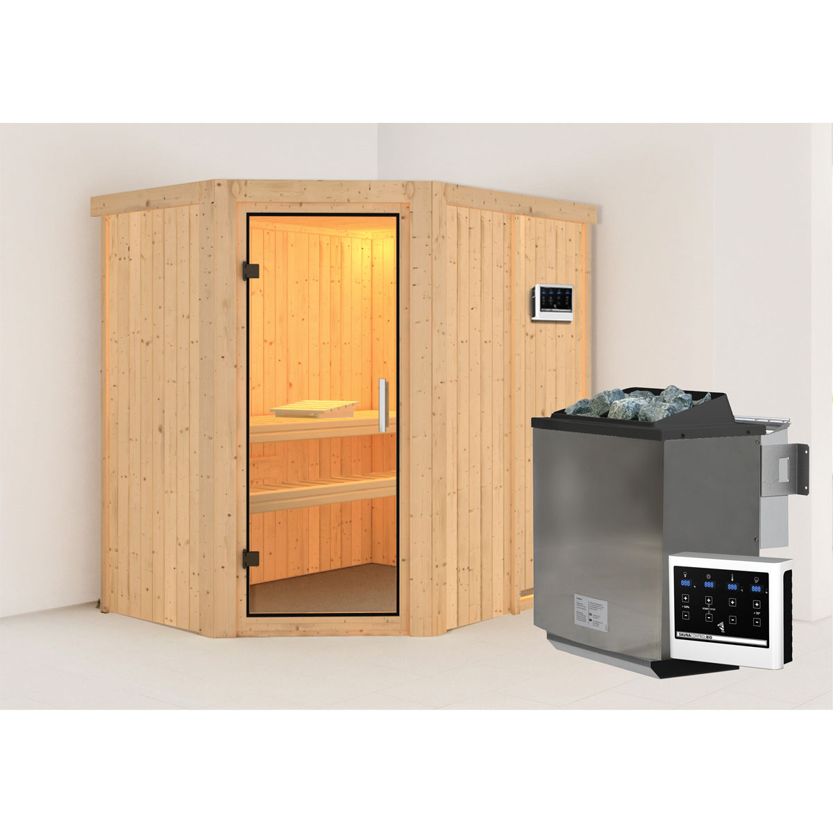 Karibu  Systemsauna Carin Eckeinstieg mit Klarglas Ganzglastür | 272214