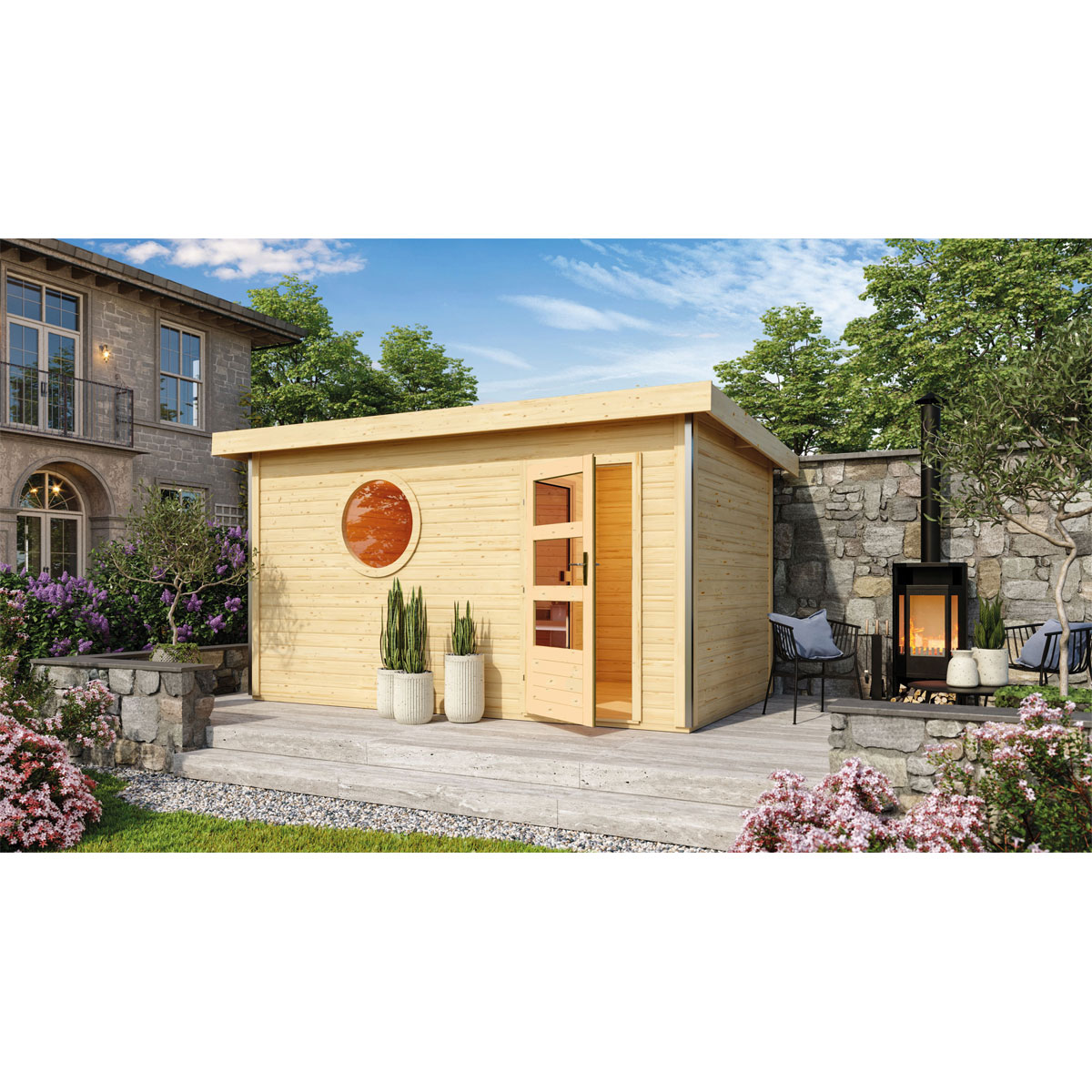 Karibu  Saunahaus Skrollan 3 38 mm mit Ofen 9 kW Rundfenster | 273336