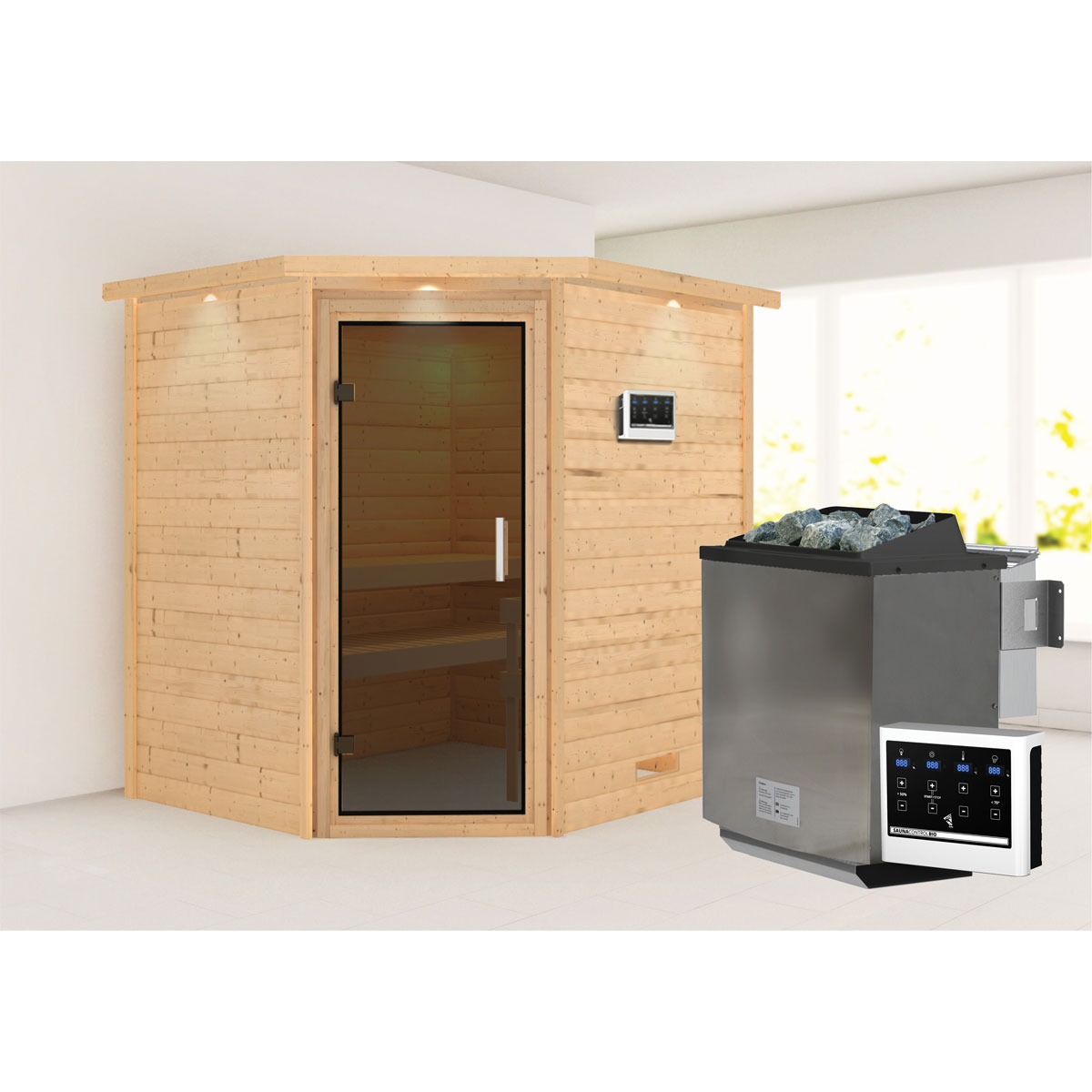 Karibu  Massivholzsauna Mia Eckeinstieg graphit | 275078