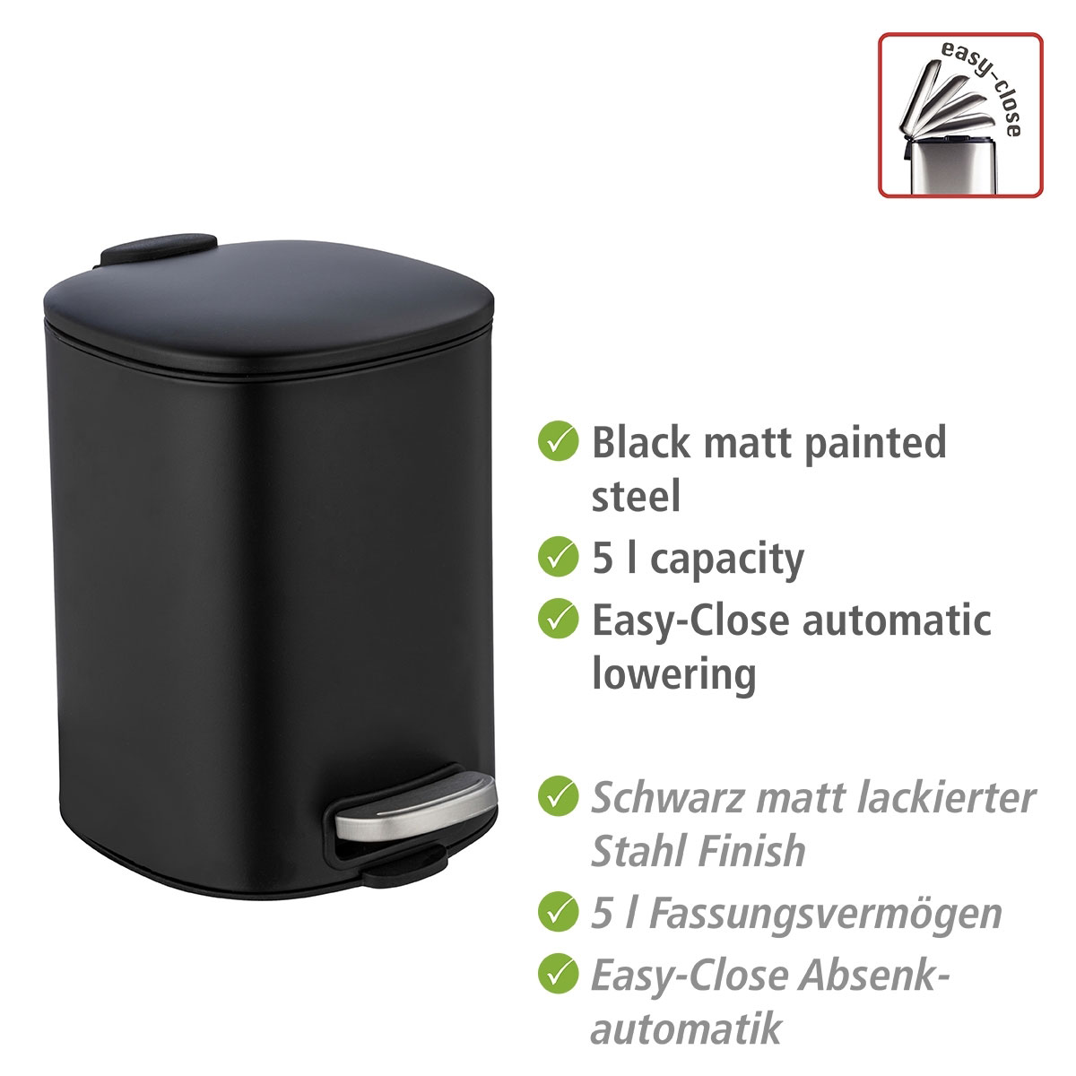 Wenko  Treteimer Alassio Schwarz 5 L Easy-Close Absenkautomtik | 514726 – Bild 3